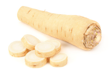 fresh parsley root with slices and parsley isolated on white background
