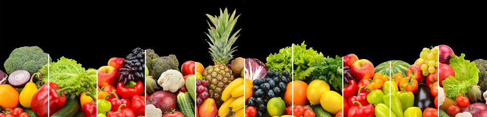 Fruits and vegetables separated by vertical lines isolated on black