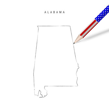 Alabama US state vector map pencil sketch. Alabama outline map with pencil in american flag colors
