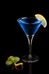Glass of blue lagoon cocktail. Classic blue color of the year 2020.