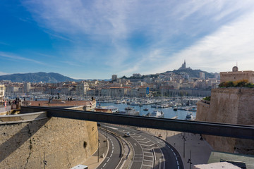 Marseille old port panorama with Notre-Dame de la Garde in background