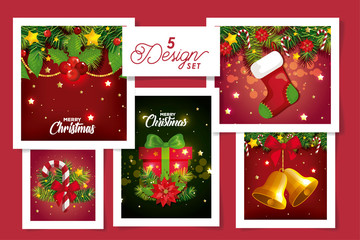 set five designs of merry christmas with flowers and decoration vector illustration design