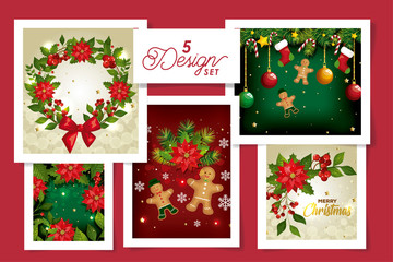 set five designs of merry christmas with flowers and decoration vector illustration design