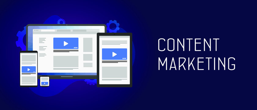 Content Marketing Internet blogging and SMM strategy advertising concept. Different size mobile gadgets with native ads. Header and footer vector banner template with text isolated on dark background