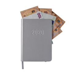 Diary 2020 with euro money isolated on white