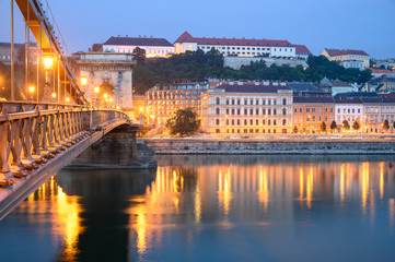 Fototapeta na wymiar Night view of Szechenyi Bridge over River Danube in Budapest Hungary