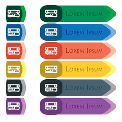 radio, receiver, amplifier icon sign. Set of colorful, bright long buttons with additional small modules. Flat design
