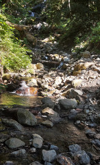 Shimmering cascades and bountiful boulders on the North Fork Sauk River in the Summertime off the Mountain Loop Highway in Silverton Washington State Snohomish County
