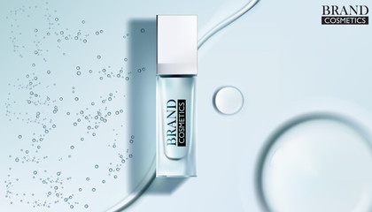 White cosmetic products with Drop of water on cyan background. - obrazy, fototapety, plakaty