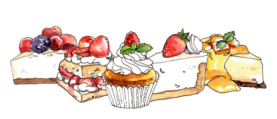 Watercolor hand painted sweet dessert cheesecakes and cupcakes illustration isolated on white background