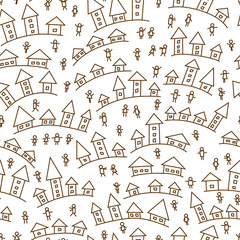 Fototapeta na wymiar Seamless pattern with small simple houses and people