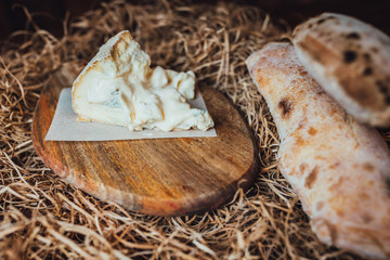 Italian gorgonzola cheese with freshly baked ciabatta bread, italian food