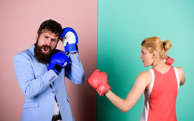 Couple in love fighting. problems in relationship. sport. bearded man hipster fighting with woman....