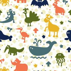 Colorful seamless pattern with different silhouettes animals