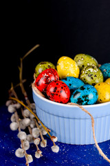 Easter eggs painted in pastel colors on a white background