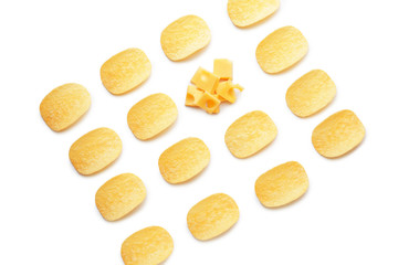 Tasty potato chips and cheese on white background