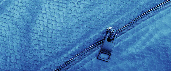 Banner of the leather snake background texture with graining patterns toned in trendy Classic Blue color of the Year 2020.