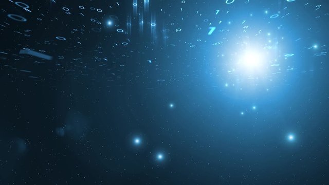 Artistic computer network binary numbers with flying fireflies motion background. Copy space animation.