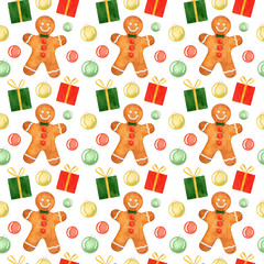 Seamless pattern with watercolor Christmas symbols: gingerbread man, gifts, holiday tree balls on white background for wrapping paper, greeting card, package and holiday decoration