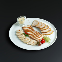 Dishes of traditional Russian cuisine. Restaurant serving. Black background.