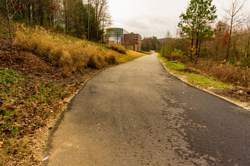 A paved bicycle path runs straight into distance.