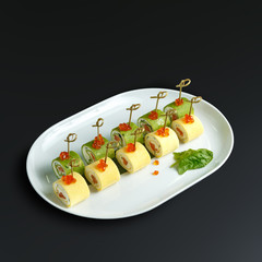 Dishes of traditional Russian cuisine. Restaurant serving. Black background.