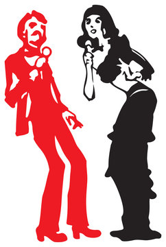Singers duet, pop rock duo of entertainers, retro style cabaret musicians sing song, pop rock jazz country soul blues chanson Estrada music genre, show business vector illustration