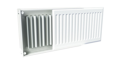 heating radiator with radiator thermostatic valve on the wall, 3D rendering