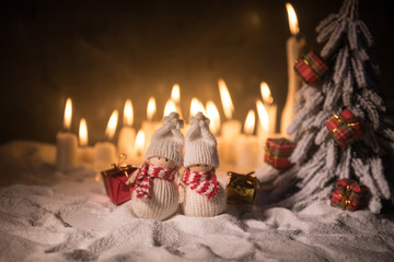 wedding bride and groom couple doll with hristmas gift box and decorations and pine cones on the wooden background