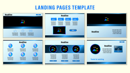 Set Landing pages with gradient metal blue rectangular strips and elements, photo frames template with the background. Business presentation vector illustration.
