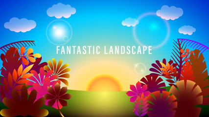 Fototapeta na wymiar Fantastic landscape. sunset, dawn in the blue sky. Fabulous colorful plants. Gradient purple and pink colors on picture. Flat style vector illustration.