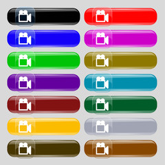 camcorder icon sign. Big set of 16 colorful modern buttons for your design.
