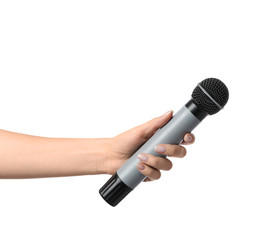 Female hand with microphone on white background