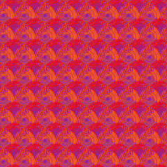 Fototapeta na wymiar Rajasthan, India, Kota(cotton) texture inspired, colorful, grungy, Japanese Circle seamless pattern for textile/fabric print. Red, Orange/yellow/purple. 