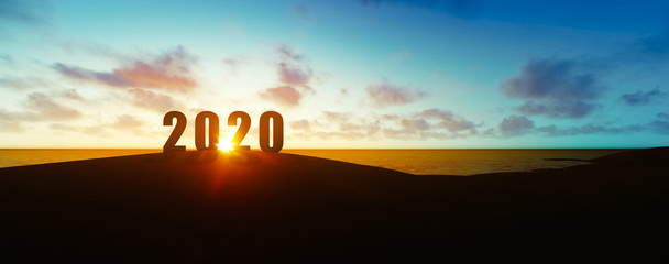 silhouette of the new year 2020 in sunset