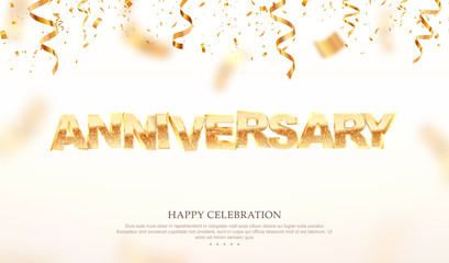 Golden anniversary word 3d vector illustration. Birthday celebration banner template with confetti falling down on white background