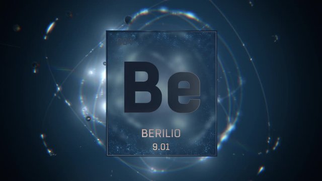 Beryllium as Element 4 of the Periodic Table. Seamlessly looping 3D animation on blue illuminated atom design background with orbiting electrons. Name, atomic weight, element number in Spanish languag