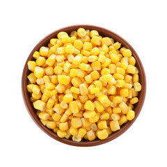 Delicious canned corn in bowl isolated on white, top view