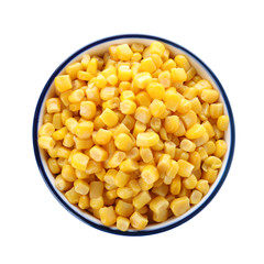 Delicious canned corn in bowl isolated on white, top view