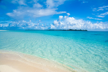 Fototapeta na wymiar Main island, white long beach and blue ocean, tropical resort, Kayangel state, Palau, Pacific