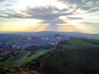 Beautiful view of the city from Salisbury Crags in Edinburgh, United Kingdom.