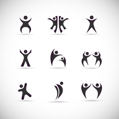 Abstract People Logo Set. Human Figure Isolated On Gray Background. Icons Collection For Human Success, Celebration Logo, Achievement Symbol And Activity. Different Happy People. Figure Logo, Vector