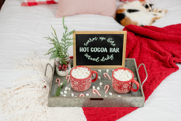 Tray with holiday mugs of hot cocoa on the bed