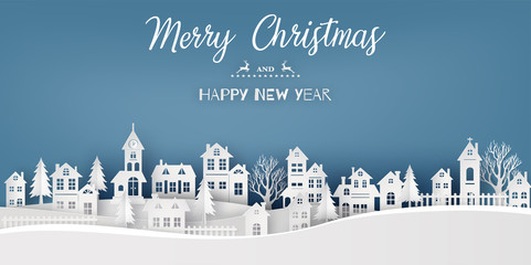 Bannière ou carte merry christmas -  happy new year – maisons sous la neige effet papier découpé - obrazy, fototapety, plakaty