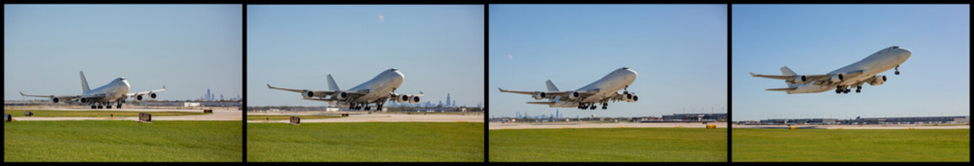Fototapeta na wymiar Sequence of a cargo jumbo jet take off from the Chicago airport.