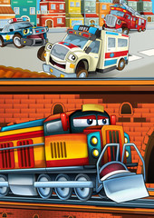Cartoon funny looking train on the train station near the city and ambulance car driving - illustration for children