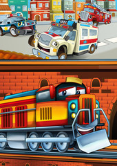 Cartoon funny looking train on the train station near the city and ambulance car driving - illustration for children
