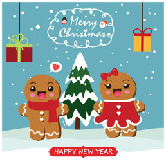 Fototapeta premium Vintage Christmas poster design with vector gingerbread man, Santa Claus, snowman, reindeer, characters.