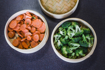 veggies in bamboo steamer for asian cuisine
