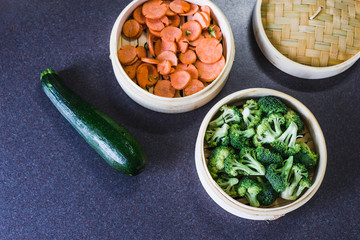 veggies in bamboo steamer for asian cuisine